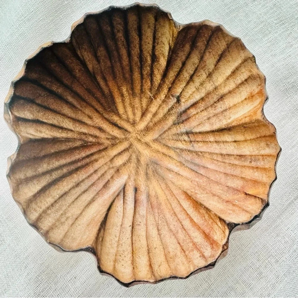 Vintage Pair of Hibiscus Shaped Carved Wooden Bowl with Pedestal - Picture 4 of 7